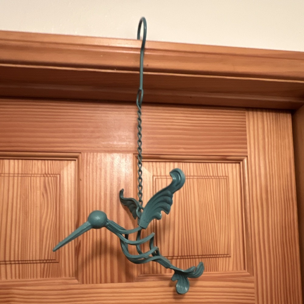 Turquoise Metal Hanging Hummingbird  Yard Art Single Hook w/ Twisted Chain